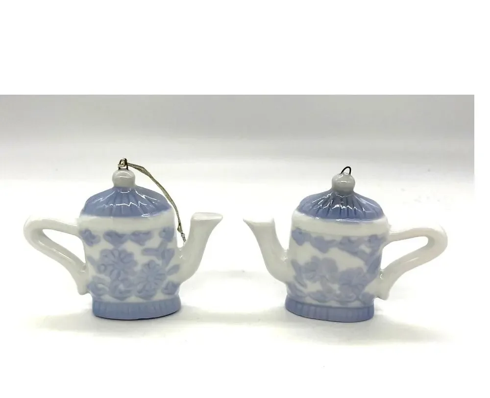 Miniature Blue and White Set of 2 Teapot Ornaments